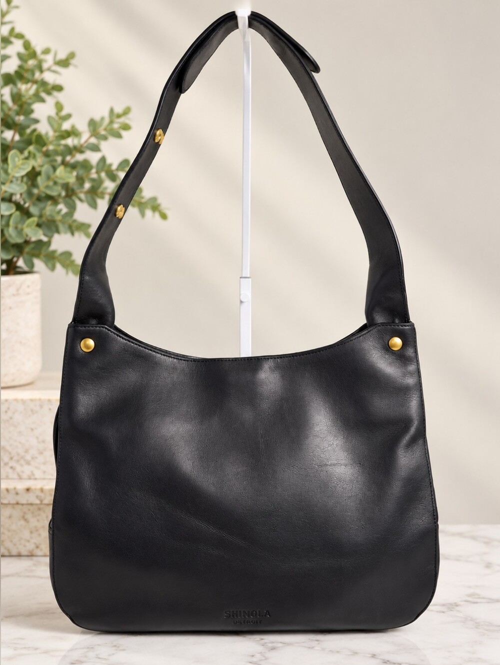 Shinola Snap Shoulder Bag Black Leather Hobo Brass Hardware EUC Like New